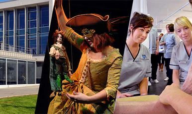 Collage of 33Ƶ, a puppeteer on stage and two nursing students